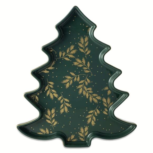 Thyme & Table Holiday Christmas Tree Ceramic Food Serve Tray Platter Green Gold - Picture 2 of 7
